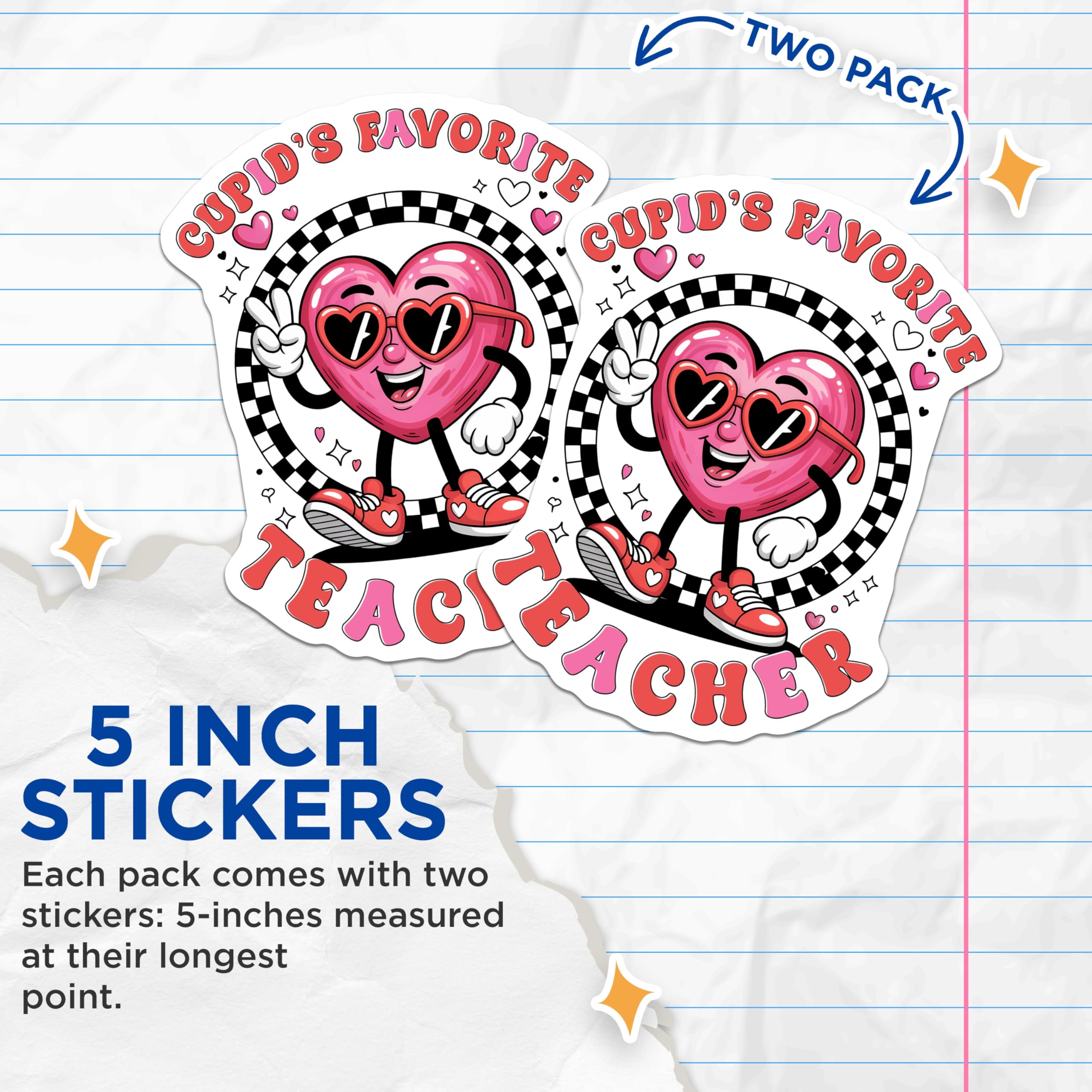 (2 Pack) Cupid's Favorite Teacher Stickers - Valentine Teacher - Heart Sticker- 5" On Longest Side - Sticks to Smooth Flat Surfaces - Made in USA - BMCS16495