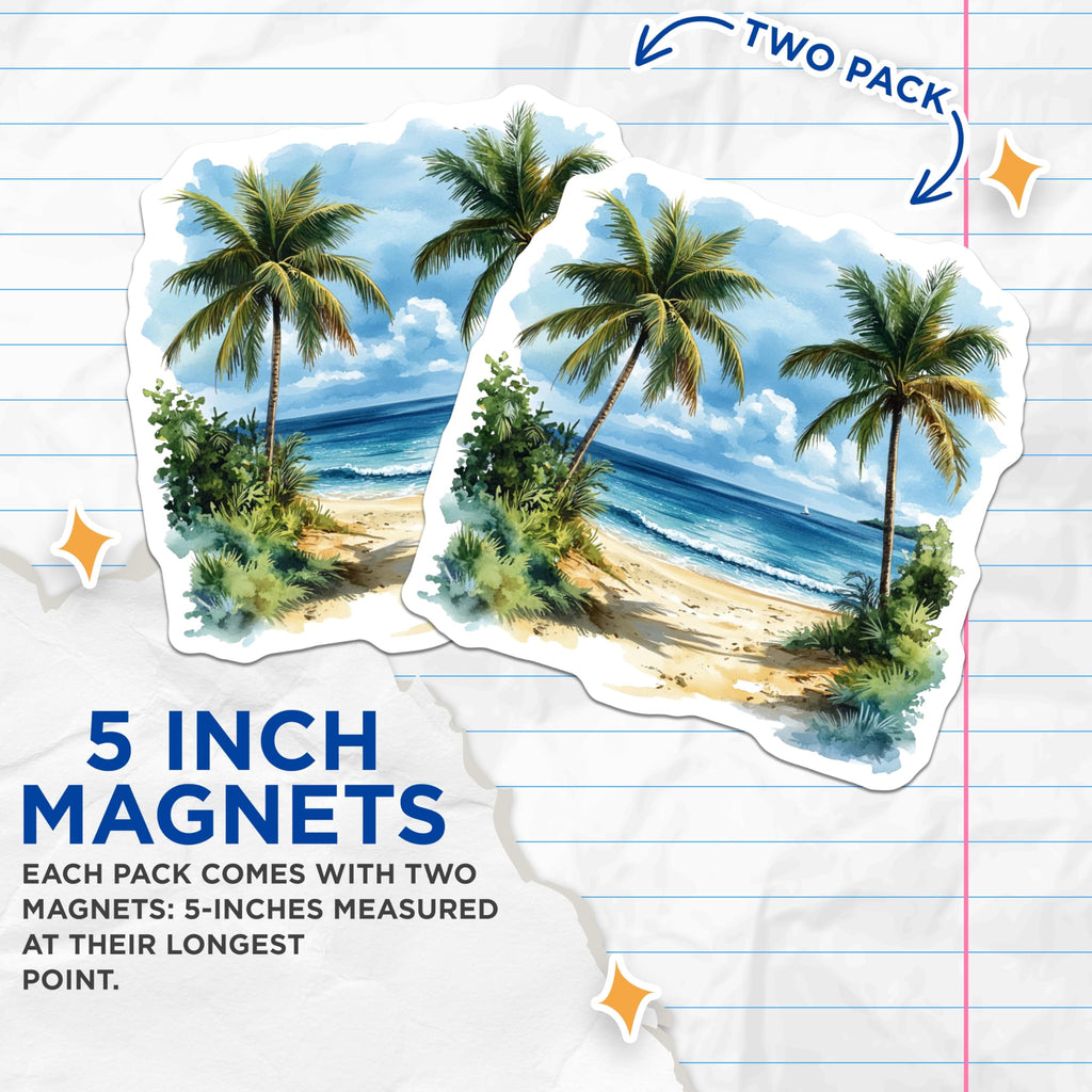 (2 Pack) Beach Vacation Magnets - Tropical Ocean Palm Trees - Watercolor Coastal Decor Souvenir - 5 Inches On Longest Side - Thick Durable Magnet - Made in USA - MAG28876