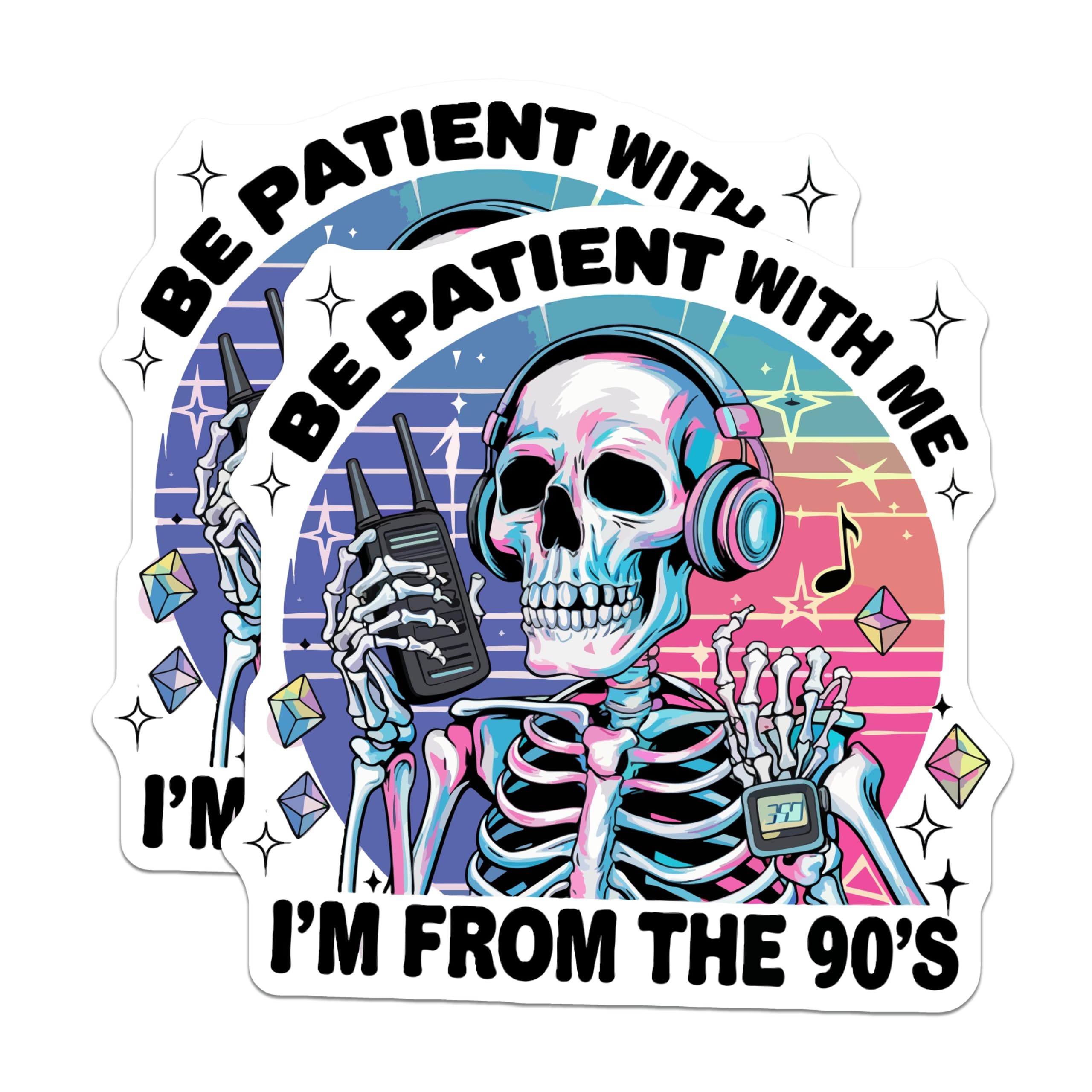 (2 Pack) Be Patient with Me 90s Skeleton Magnets - Retro Skull Headphones Artwork - Walkie Talkie Music Nostalgia Decor - 5 Inches On Longest Side - Thick Durable Magnet - Made in USA - MAG22923