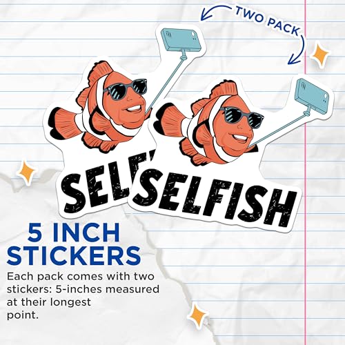 (2 Pack) Clownfish Selfie Stickers - Funny Fish Sticker - Cool Decal for Laptop or Water Bottle - 5" On Longest Side - Sticks to Smooth Flat Surfaces - Made in USA - BMCS5597