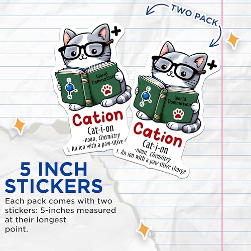 (2 Pack) Science Cat Stickers - Chemistry Cat - Cation Definition for Science Lovers - 5" On Longest Side - Sticks to Smooth Flat Surfaces - Made in USA - BMCS8028