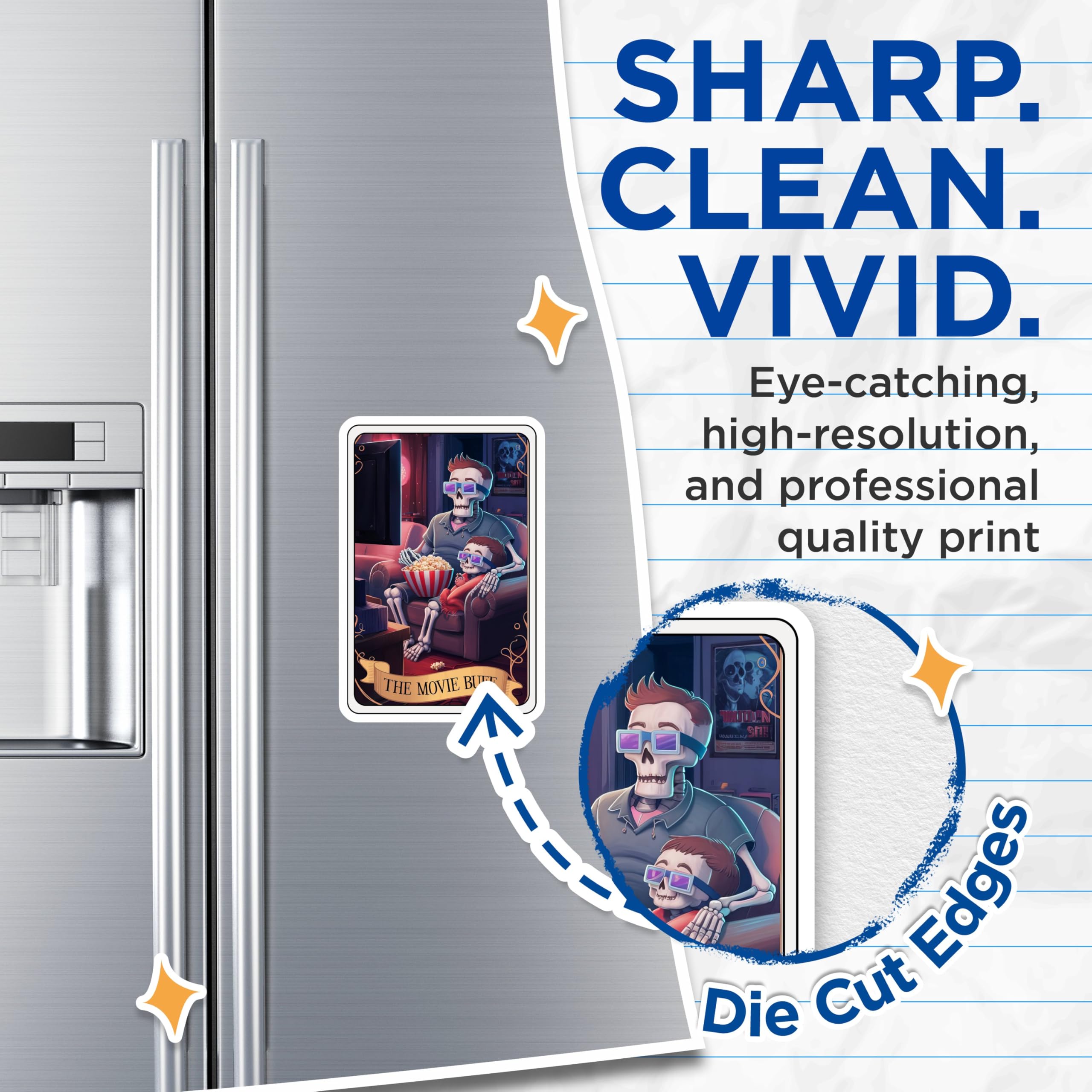 (2 Pack) Skeleton Watching Movie Magnets - Popcorn Eating Skeleton Art - The Movie Buff Magnetic Poster Decal - 5" On Longest Side - for Cars, Fridges, Toolboxes - Made in USA - MAG4476