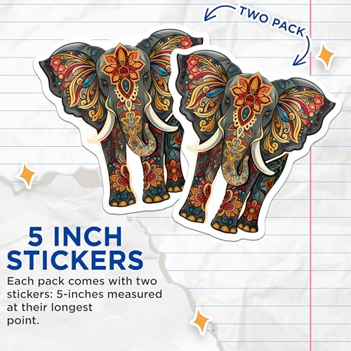 (2 Pack) Elephant Mandala Stickers - Colorful Elephant Decal - Ornate Animal Art Stickers - 5" On Longest Side - Sticks to Smooth Flat Surfaces - Made in USA - BMCS4650