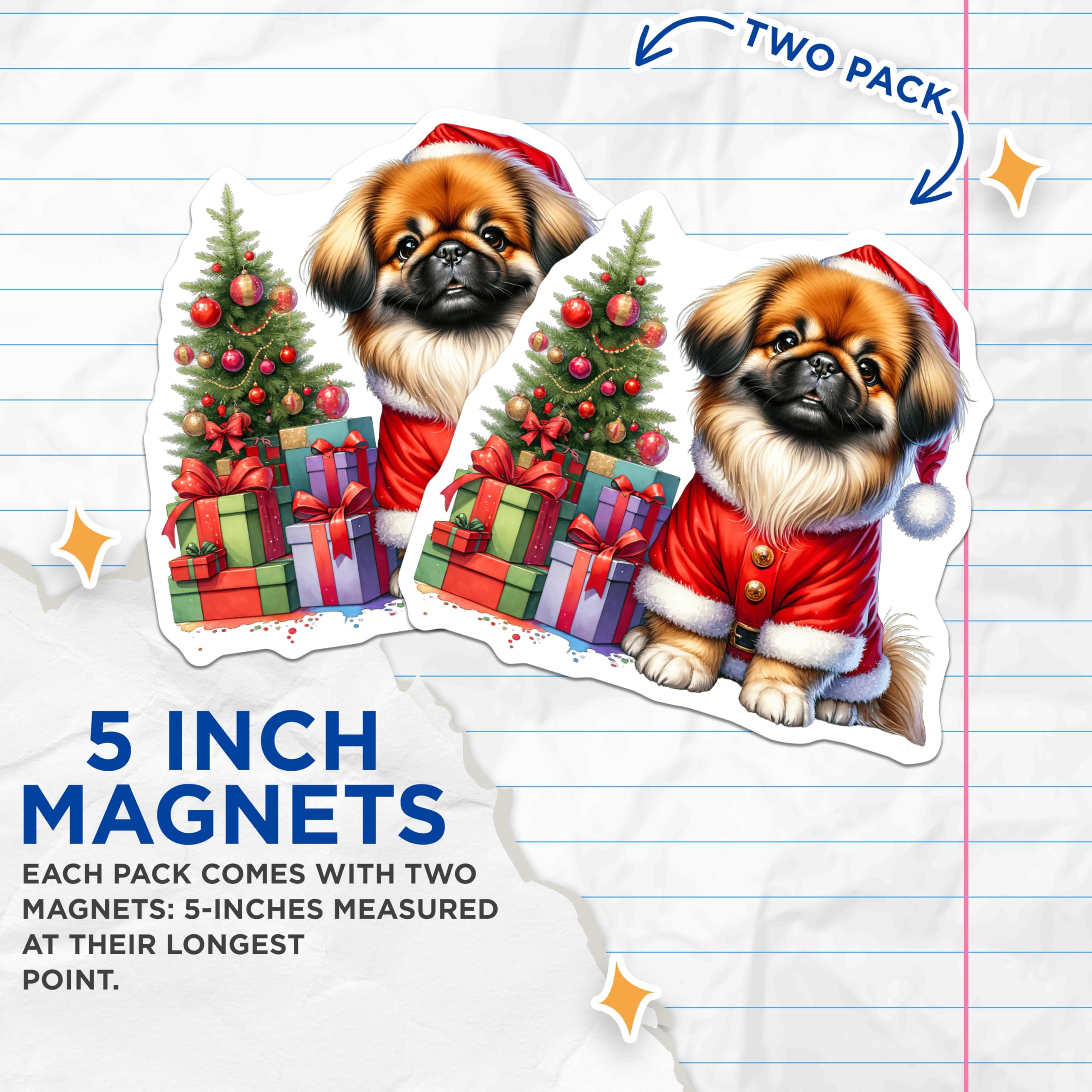 (2 Pack) Christmas Dog Magnets - Cute Santa Puppy Decor - Pekingese Dog Lover Holiday Magnets - 5 Inches On Longest Side - Thick Durable Magnet - Made in USA - MAG29807