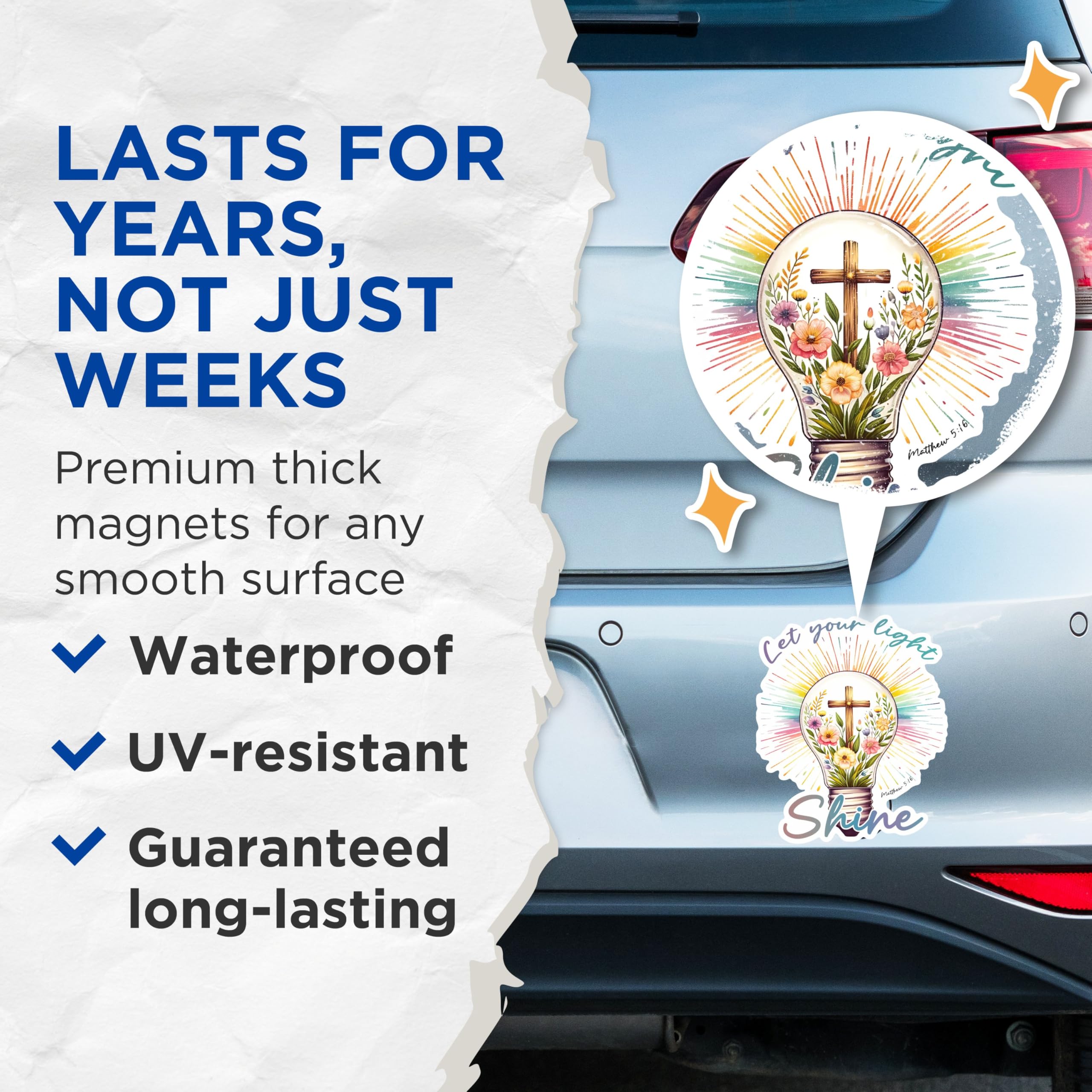 (2 Pack) Let Your Light Shine Magnets - Inspirational Matthew 516 Magnets - Faith Encouraging Fridge Magnets- 5" On Longest Side - for Fridges, Toolboxes, Cars - Made in USA - MAG2830