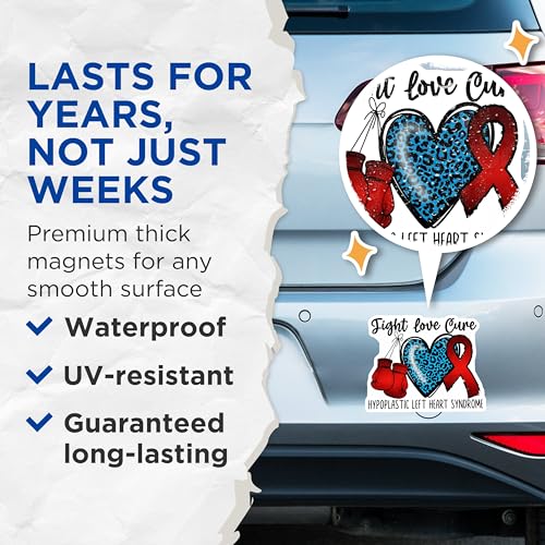 (2 Pack) Fight Love Cure Magnets - Hypoplastic Left Heart Syndrome Awareness - Heart Ribbon Boxing Gloves - 5" On Longest Side - for Cars, Fridges, Toolboxes - Made in USA - MAG4283