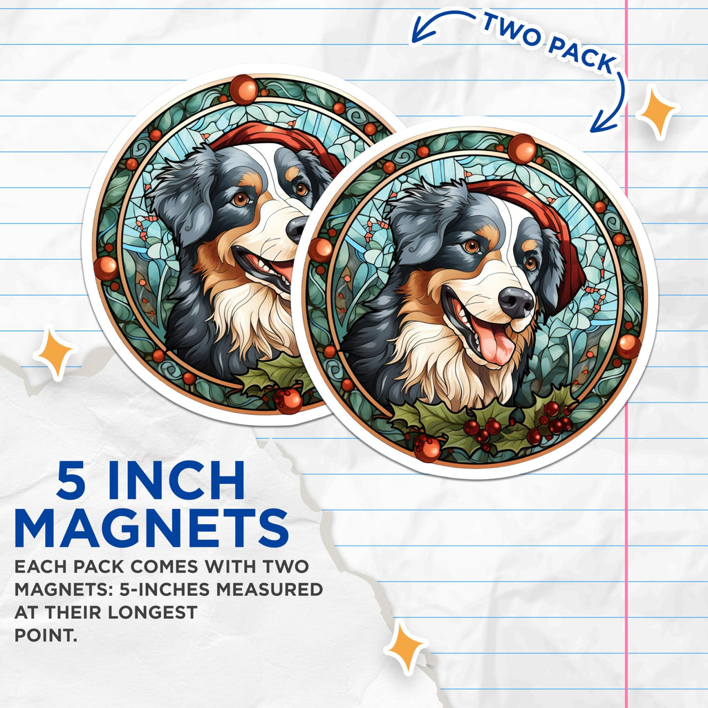 (2 Pack) Bernese Mountain Dog Magnets - Christmas Dog Decor - Stained Glass Pet Art - 5 Inches On Longest Side - Thick Durable Magnet - Made in USA - MAG27721