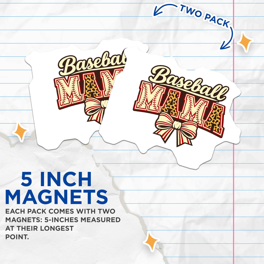 (2 Pack) Baseball Mama Magnets - Leopard Print Bow Decor - Sports Mom Game Day - 5 Inches On Longest Side - Thick Durable Magnet - Made in USA - MAG21655