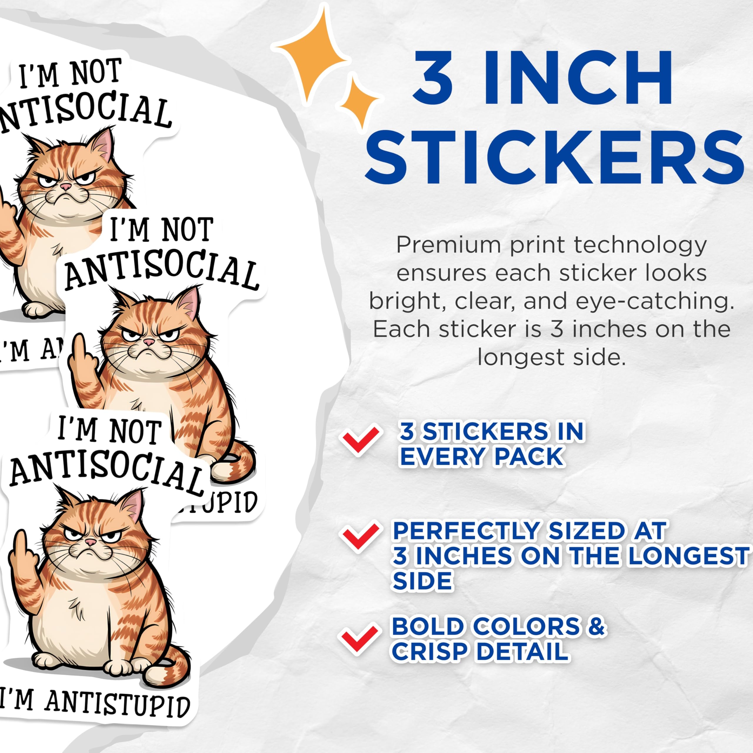 (3 Pack) Antisocial Cat Decals - Funny Cat Meme - Antistupid Laptop Decal - 3 Inches On Longest Side - Easy Peel & Apply - Made in USA - 3MCS2102