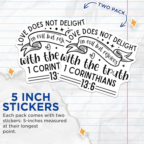 (2 Pack) Love Does Not Delight in Evil Stickers - Inspirational Bible Verse Stickers - Scripture Quote Stickers - 5" On Longest Side - Sticks to Smooth Flat Surfaces - Made in USA - BMCS3856
