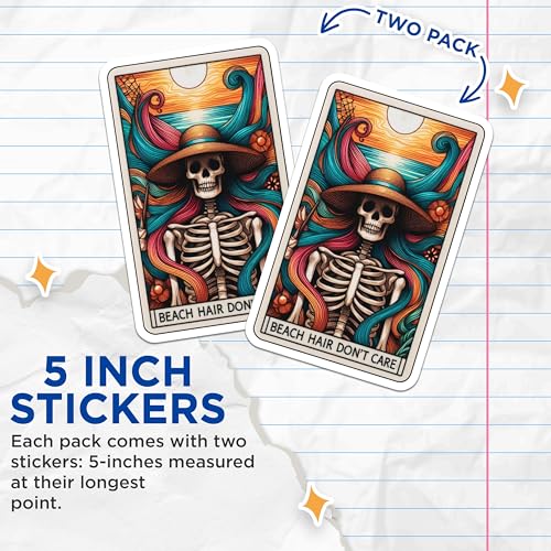(2 Pack) Beach Skull Hair Stickers - Summer Vibes Skeleton Sticker - Fun Beach Theme Sticker Set - 5" On Longest Side - Sticks to Smooth Flat Surfaces - Made in USA - BMCS4767