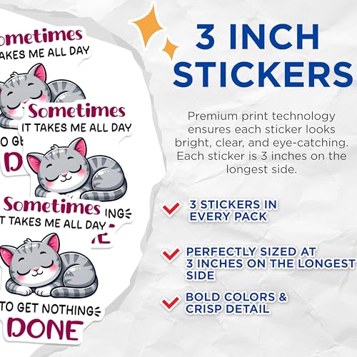 (3 Pack) Funny Cat Decals - Procrastination Decal - Lazy Day Decal - 3 Inches On Longest Side - Easy Peel & Apply - Made in USA - 3MCS4424