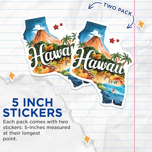 (2 Pack) Hawaii Vacation Destination Stickers - Scenic Hawaii Stickers - Tropical Island Adventure Stickers - 5" On Longest Side - Sticks to Smooth Flat Surfaces - Made in USA - BMCS6298