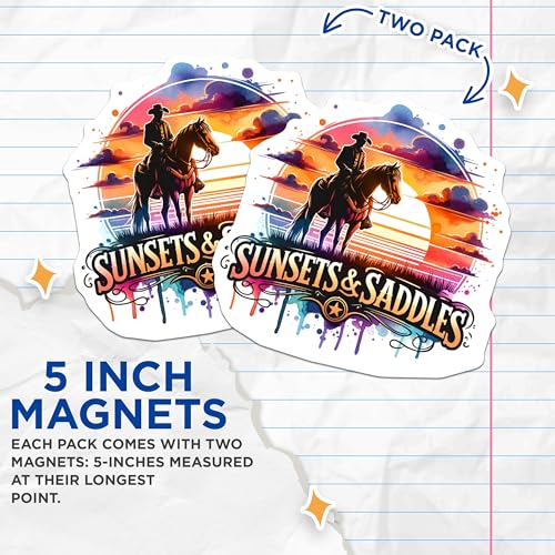 (2 Pack) Sunsets and Saddles Magnets - Sunset Cowboy - Western Themes - 5" On Longest Side - for Cars, Fridges, Toolboxes - Made in USA - MAG6881