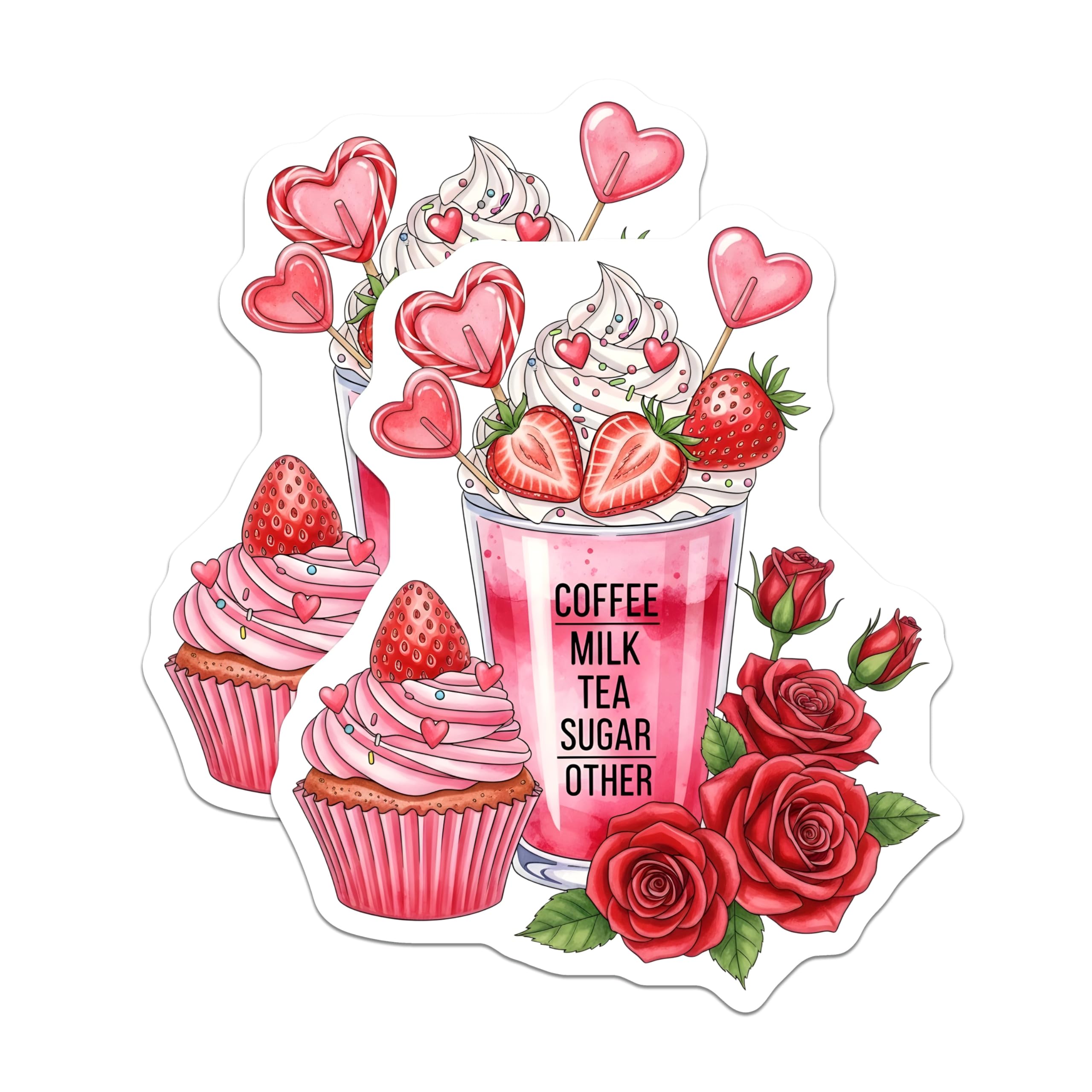 (2 Pack) Kawaii Drink Stickers - Strawberry Milkshake Sticker - Cupcake Rose Stickers - 5" On Longest Side - Sticks to Smooth Flat Surfaces - Made in USA - BMCS17935
