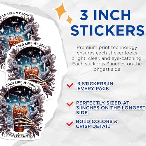 (3 Pack) Cold Like My Soul Decals - Coffee Club Sticker - Spooky Vibes Decals - 3 Inches On Longest Side - Easy Peel & Apply - Made in USA - 3MCS8702
