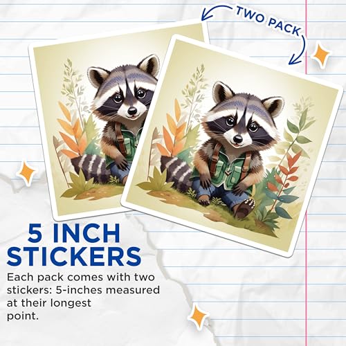 (2 Pack) Cute Raccoon Stickers - Adorable Cartoon Racoon Decals - 5" On Longest Side - Sticks to Smooth Flat Surfaces - Made in USA - BMCS8705 - BMCS8705