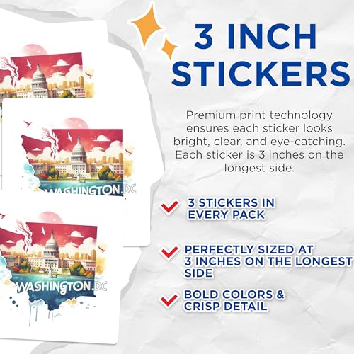 (3 Pack) Washington DC Decals - US Capital City Stickers - Laptop Decal - 3 Inches On Longest Side - Easy Peel & Apply - Made in USA - 3MCS4323