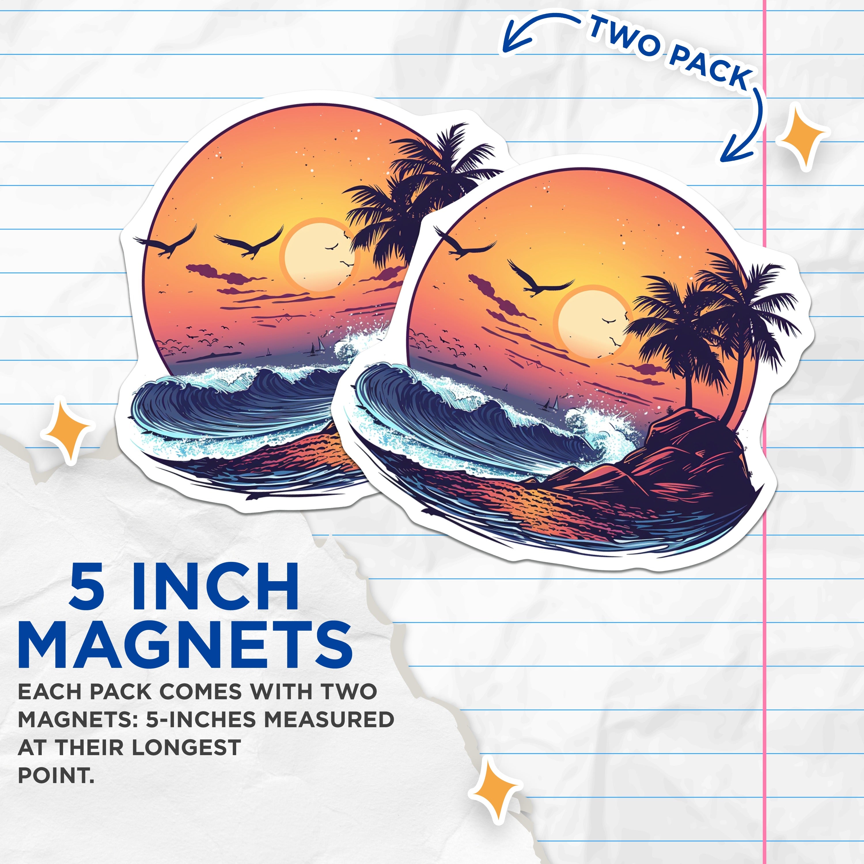 (2 Pack) Tropical Sunset Magnets - Ocean Wave Beach Vibe - Palm Tree Coastal Decor - 5 Inches On Longest Side - Thick Durable Magnet - Made in USA - MAG39769
