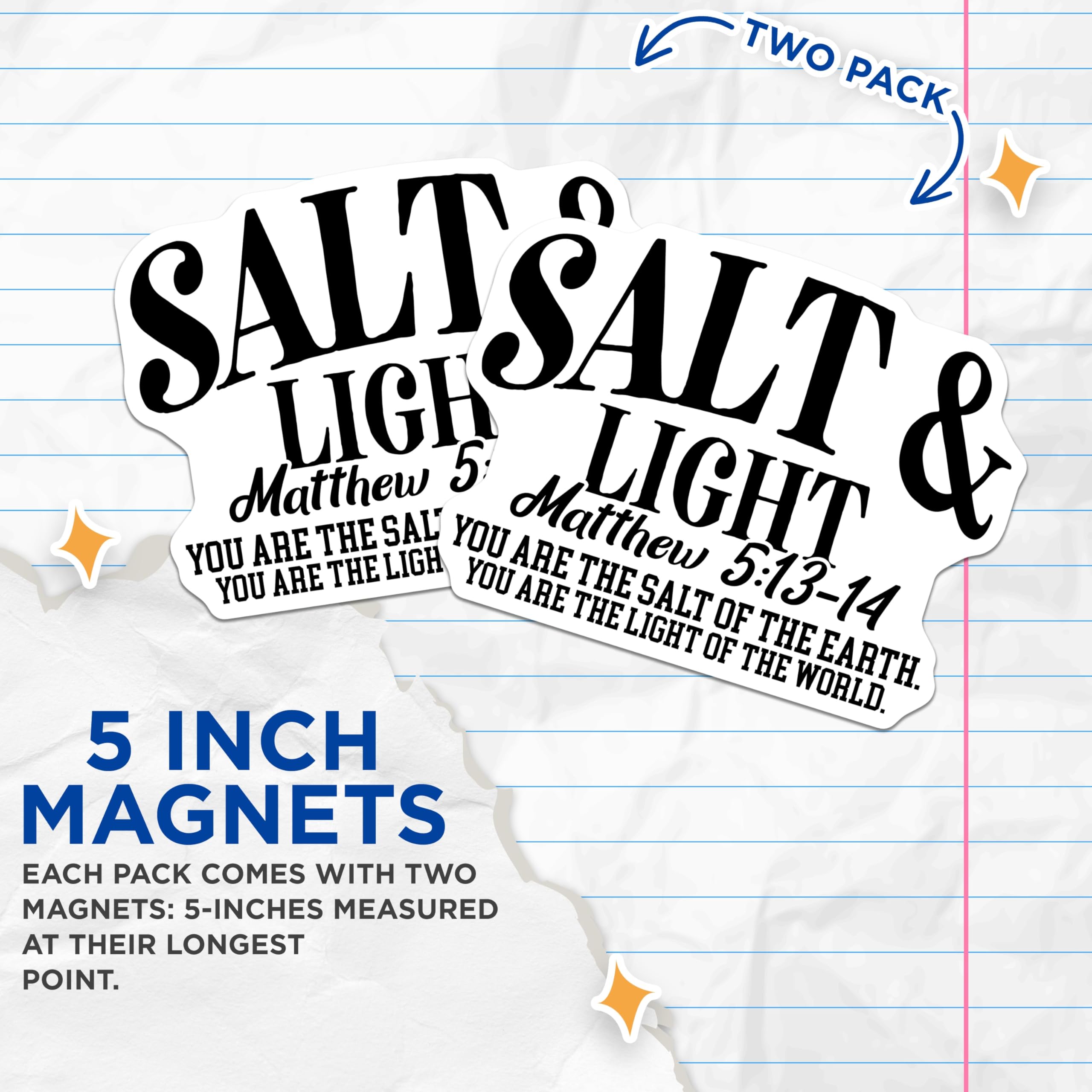 (2 Pack) Salt and Light Magnets - Matthew 5 13 14 Verse - Christian Faith Inspirational Decor - 5 Inches On Longest Side - Thick Durable Magnet - Made in USA - MAG23397