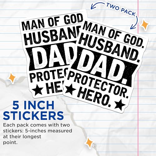 (2 Pack) Man of God Stickers - Husband Dad Protector Hero - Inspirational Sticker Pack - 5" On Longest Side - Sticks to Smooth Flat Surfaces - Made in USA - BMCS6178