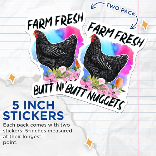 (2 Pack) Farm Fresh Butt Nuggets Stickers - Funny Chicken Farm Stickers - Egg-Themed Humor Decals - 5" On Longest Side - Sticks to Smooth Flat Surfaces - Made in USA - BMCS5622