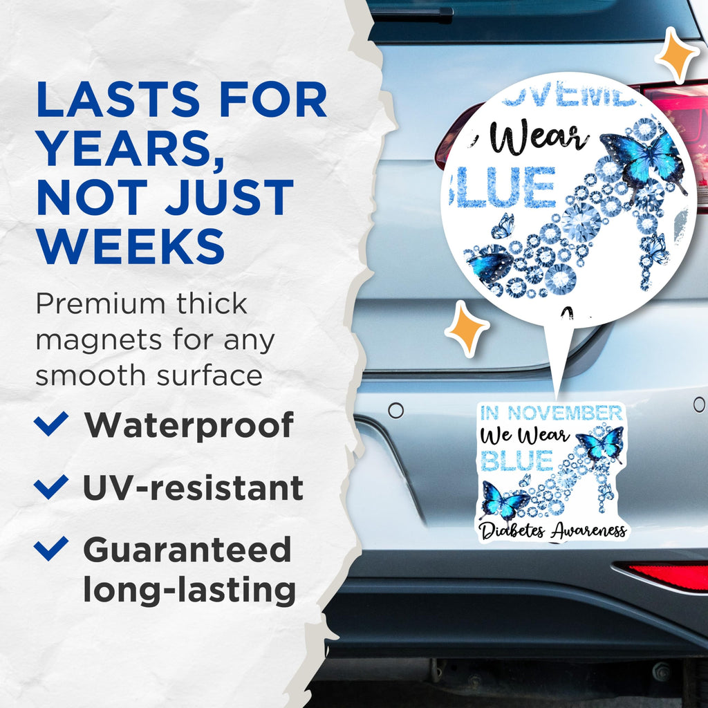 (2 Pack) Diabetes Awareness Magnets - Blue Butterfly Magnets - November Awareness Ribbon - 5" On Longest Side - Premium Magnet - for Cars, Refrigerators, Toolboxes, Lockers - Made in USA - MAG17076