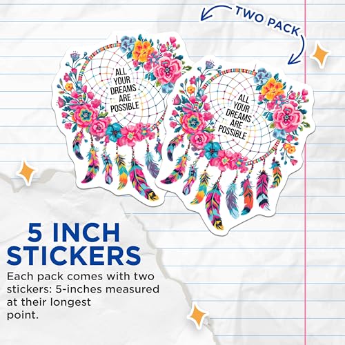 (2 Pack) Inspirational Dreamcatcher Stickers - Motivational Quotes - Colorful Floral Feathers Art - 5" On Longest Side - Sticks to Smooth Flat Surfaces - Made in USA - BMCS7249