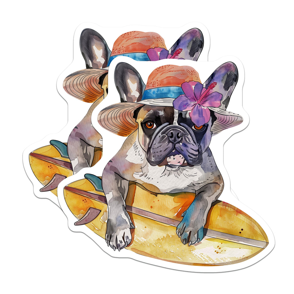 (2 Pack) French Bulldog Magnets - Surf Dog Art - Beach Frenchie Decor - Tropical Pet Lover - Refrigerator Locker Accent - 5 Inches On Longest Side - Thick Durable Magnet - Made in USA - MAG39790