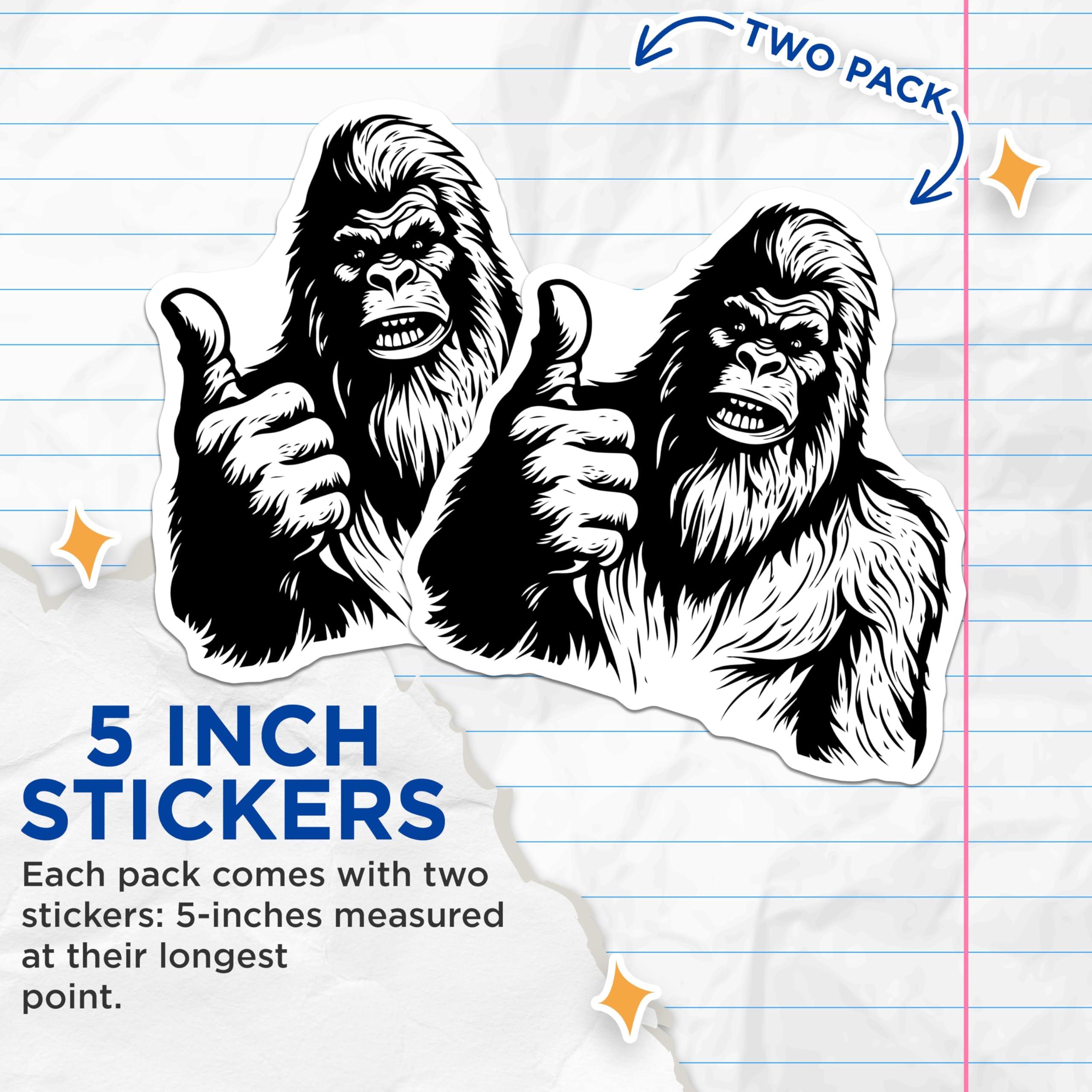 (2 Pack) Gorilla Thumbs Up Stickers - Powerful Ape Decal - Positive Energy - Animal Lover - Primate Art - 5" On Longest Side - Sticks to Smooth Flat Surfaces - Made in USA - BMCS20330