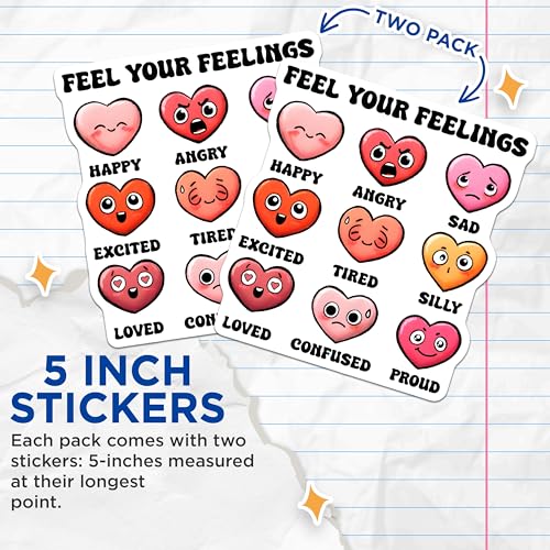 (2 Pack) Feel Your Feelings Stickers - Heart Emoji - Emotion for Journals - Cute Heart Faces - Mood - 5" On Longest Side - Sticks to Smooth Flat Surfaces - Made in USA - BMCS8254