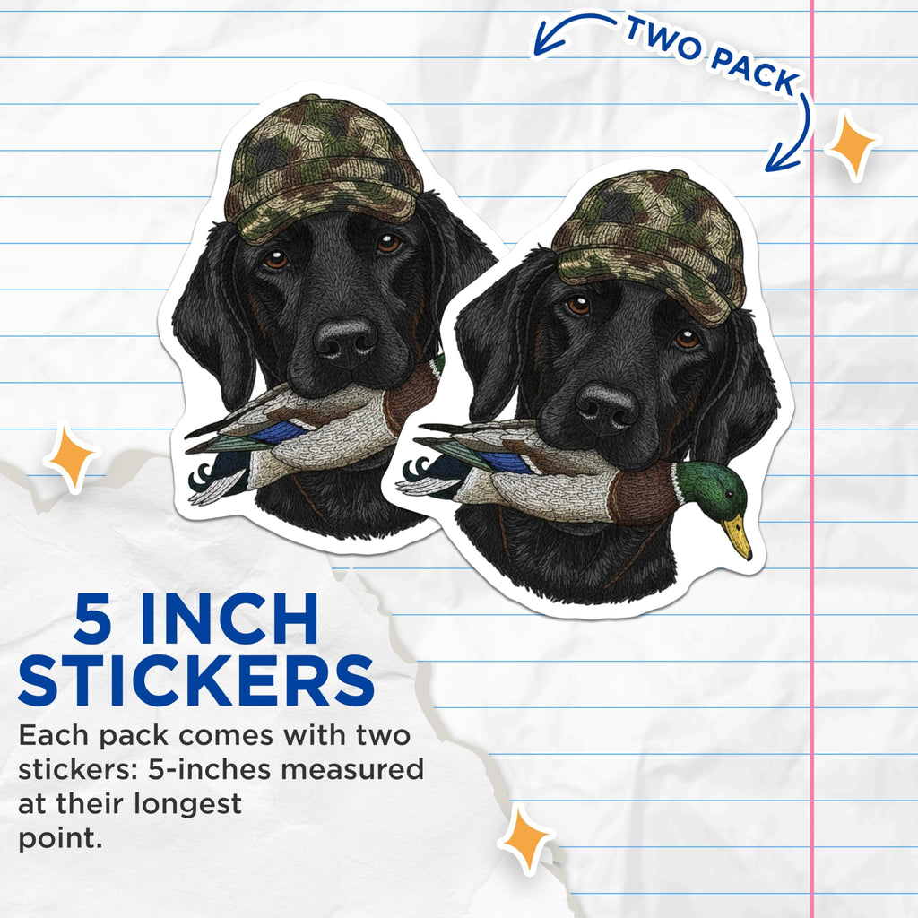 (2 Pack) Hunting Dog Stickers - Camo Hat - Duck Hunter Decals- 5" On Longest Side - Sticks to Smooth Flat Surfaces - Made in USA - BMCS16512