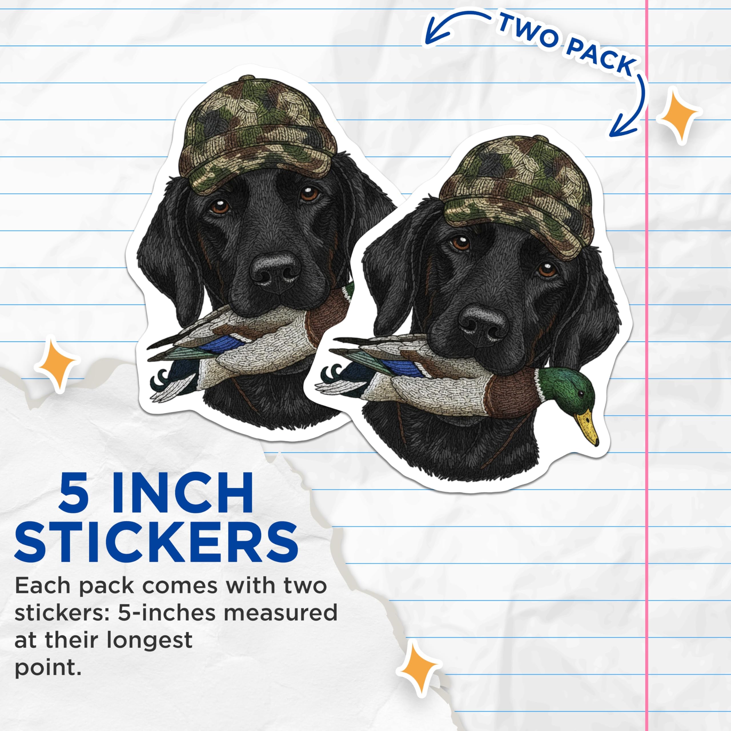 (2 Pack) Hunting Dog Stickers - Camo Hat - Duck Hunter Decals- 5" On Longest Side - Sticks to Smooth Flat Surfaces - Made in USA - BMCS16512