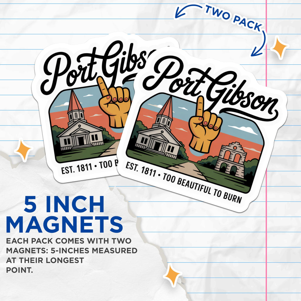 (2 Pack) Port Gibson Magnets - Mississippi Travel - Hand and Church Scene - 5" On Longest Side - Premium Magnet - for Cars, Refrigerators, Toolboxes, Lockers - Made in USA - MAG17790