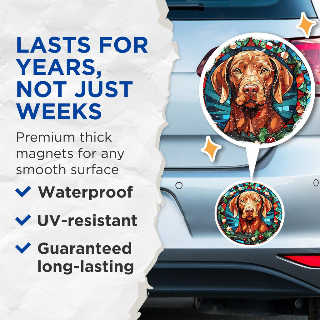 (2 Pack) Vizsla Dog Stained Glass Magnets - Christmas Dog Decor - Holiday Pet Lover Art - 5 Inches On Longest Side - Thick Durable Magnet - Made in USA - MAG28426
