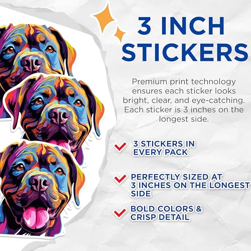 (3 Pack) Rottweiler Dog Decals - Colorful Puppy Stickers - Laptop Decal - 3 Inches On Longest Side - Easy Peel & Apply - Made in USA - 3MCS0686