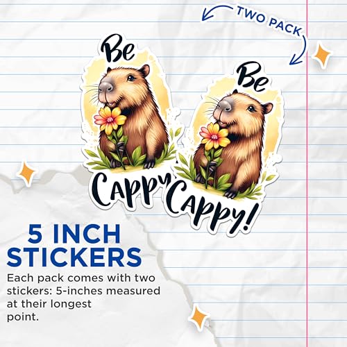 (2 Pack) Capybara Be Happy Stickers - Cute Animal Stickers - Inspirational Quote Stickers - 5" On Longest Side - Sticks to Any Smooth Flat Surface - Made in USA - BMCS2671