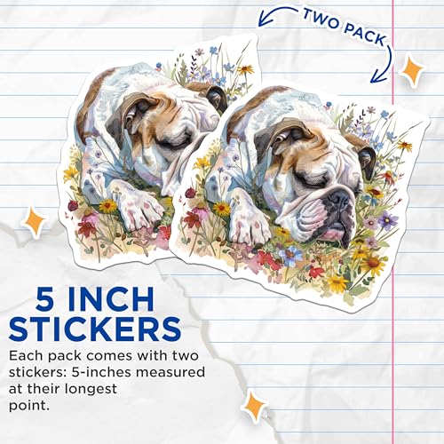 (2 Pack) Bulldog Sleeping in Flowers Stickers - Cute Bulldog Art - Dog Lover Decal - Floral Dog Design - 5" On Longest Side - Sticks to Smooth Flat Surfaces - Made in USA - BMCS7222