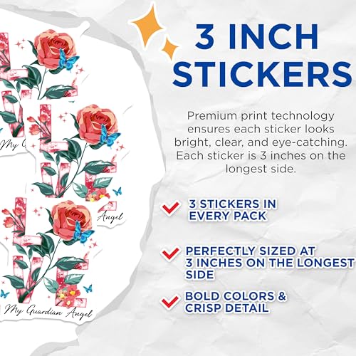 (3 Pack) Love Guardian Angel Decals - Butterfly Flower Decor - Rose Design Decals - 3 Inches On Longest Side - Easy Peel & Apply - Made in USA - 3MCS4899