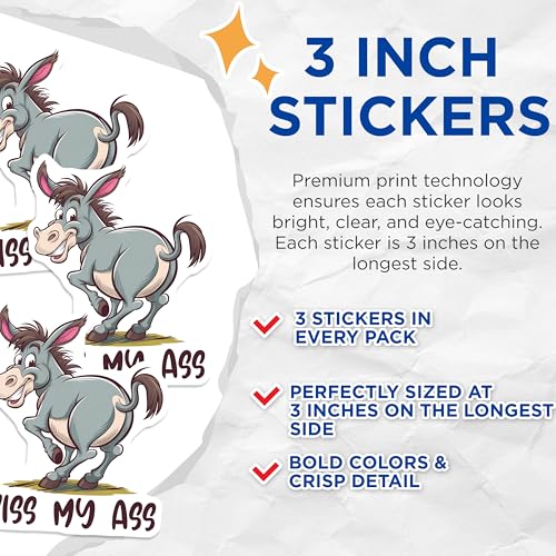 (3 Pack) Funny Donkey Decals - Kiss My Ass - Laptop Car Bumper Decals - 3 Inches On Longest Side - Easy Peel & Apply - Made in USA - 3MCS2109