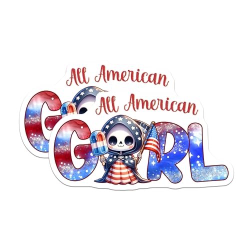 (2 Pack) All American Girl Stickers - Patriotic Skull Design - Independence Day Celebration - 5" On Longest Side - Sticks to Smooth Flat Surfaces - Made in USA - BMCS7911