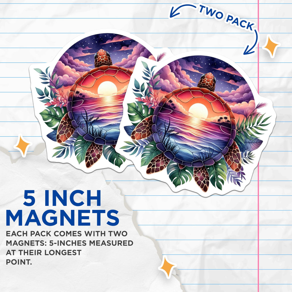 (2 Pack) Sea Turtle Magnets - Ocean Sunset Landscape Scene - Tropical Beach Aesthetic Decor - Marine Animal Refrigerator Art - 5 Inches On Longest Side - Thick Durable Magnet - Made in USA - MAG22998