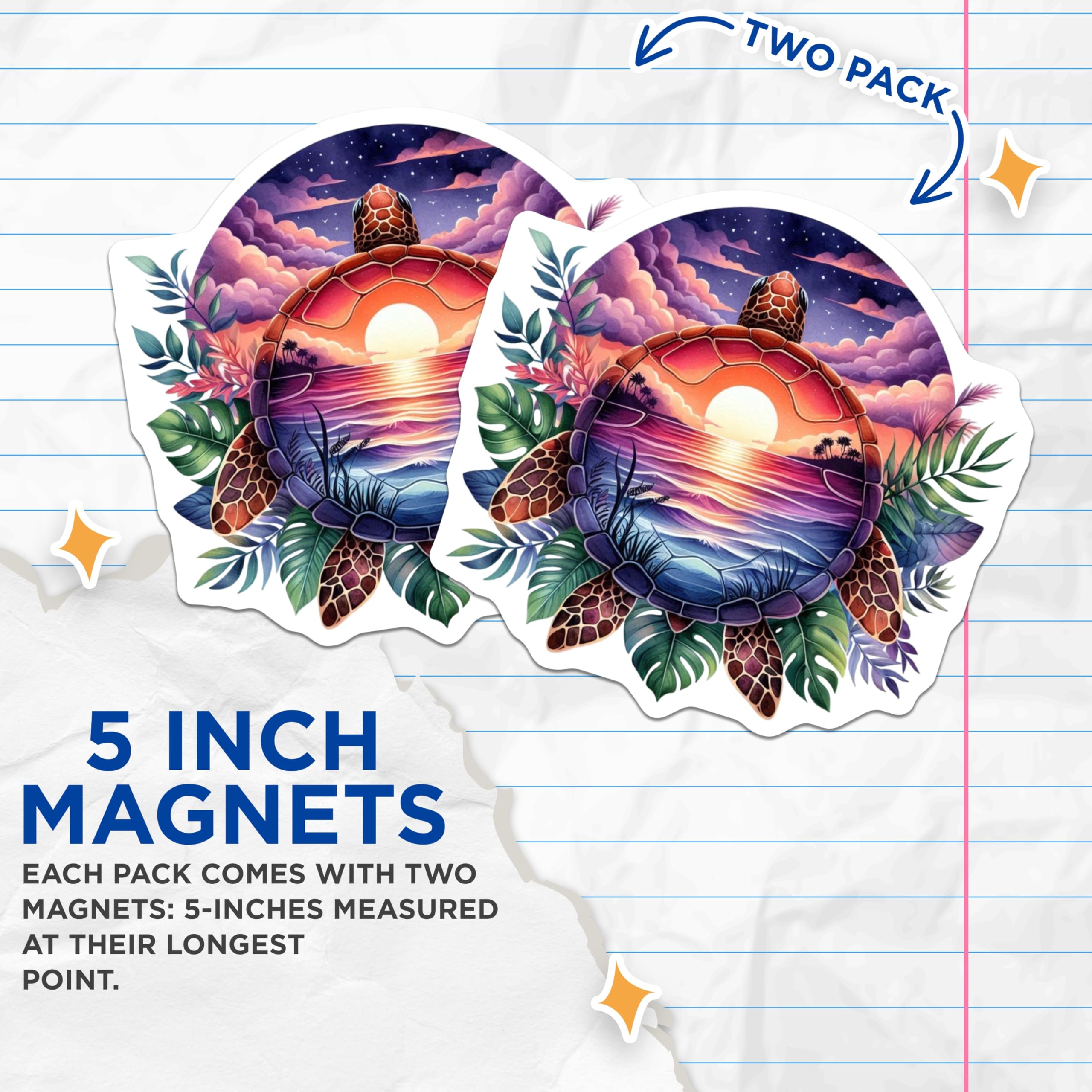 (2 Pack) Sea Turtle Magnets - Ocean Sunset Landscape Scene - Tropical Beach Aesthetic Decor - Marine Animal Refrigerator Art - 5 Inches On Longest Side - Thick Durable Magnet - Made in USA - MAG22998