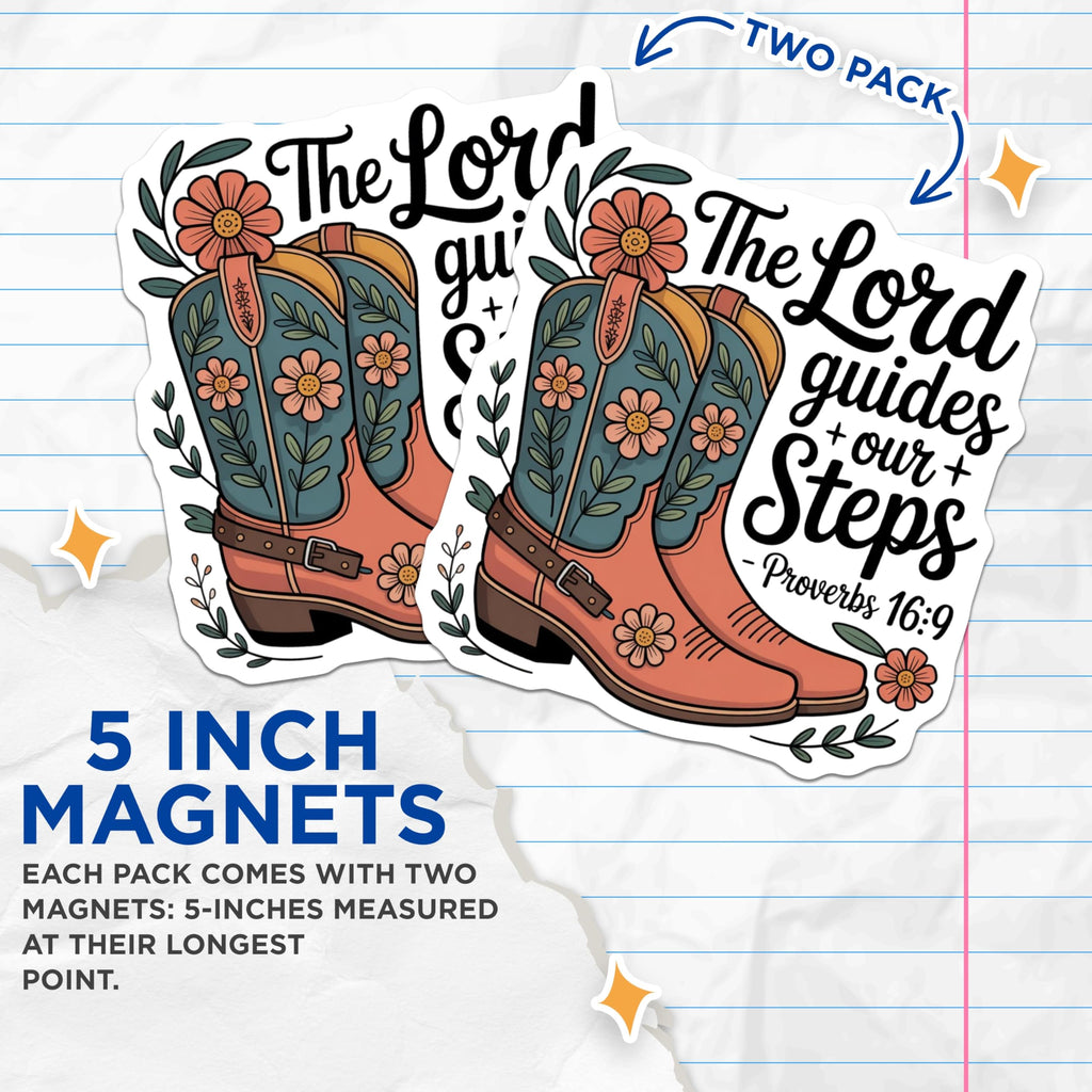 (2 Pack) Inspirational Christian Scripture Magnets - Western Cowboy Boots Floral Design - Proverbs 16 9 Faith Verse Art - 5 Inches On Longest Side - Thick Durable Magnet - Made in USA - MAG20008