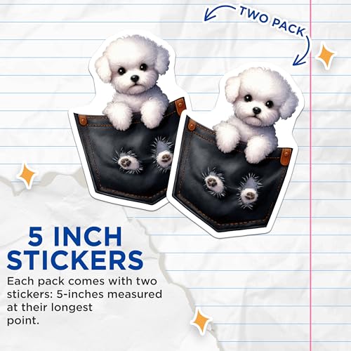 (2 Pack) Cute Bichon Frise Dog Stickers - Pocket Dog Decal - Adorable Puppy Stickers - 5" On Longest Side - Sticks to Smooth Flat Surfaces - Made in USA - BMCS3877