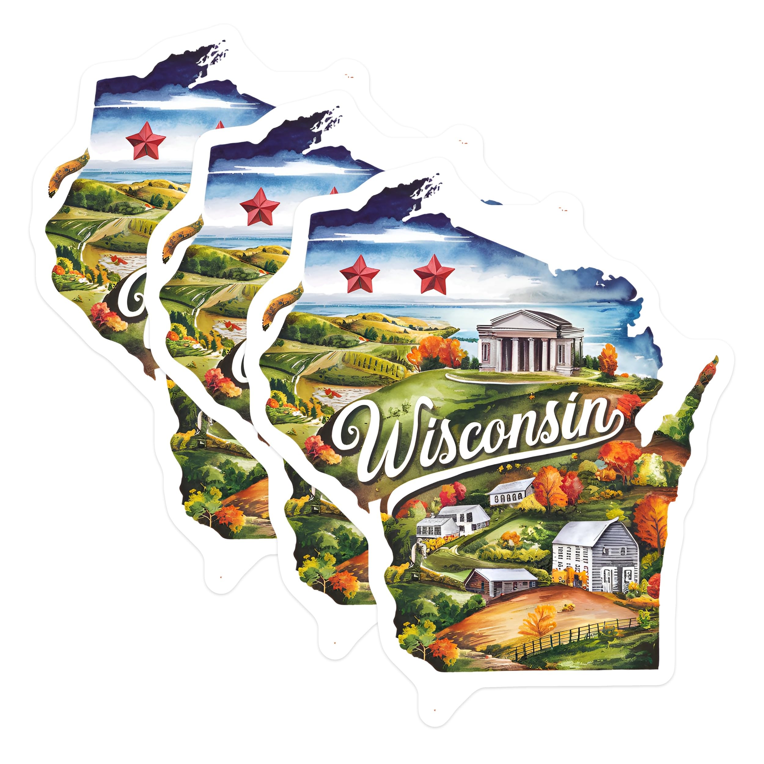 (3 Pack) Wisconsin Map Decals - Watercolor State Art - Laptop Decal - Scrapbook Stickers - Planner Decoration- 3 Inches On Longest Side - Easy Peel & Apply - Made in USA - 3MCS5052
