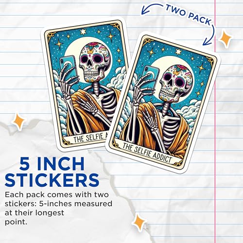 (2 Pack) Skeleton Selfie Addict Stickers - Funny Skeleton Decor - Day of The Dead Stickers - Sugar Skull Art Stickers - 5" On Longest Side - Sticks to Smooth Flat Surfaces - Made in USA - BMCS4690