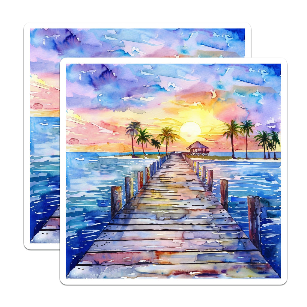 (2 Pack) Tropical Sunset Magnets - Watercolor Beach Decor - Ocean Pier Art Accent - 5 Inches On Longest Side - Thick Durable Magnet - Made in USA - MAG39992