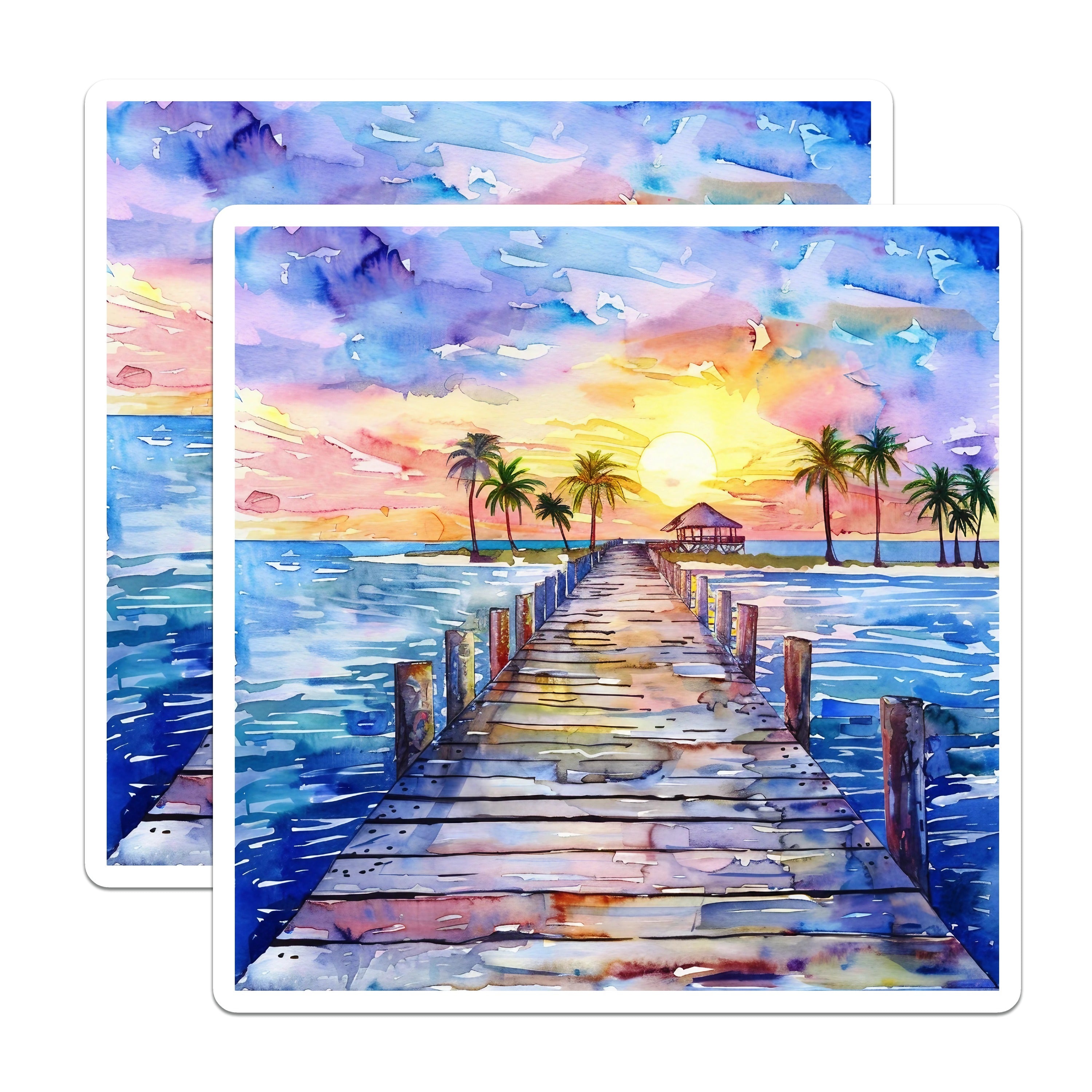 (2 Pack) Tropical Sunset Magnets - Watercolor Beach Decor - Ocean Pier Art Accent - 5 Inches On Longest Side - Thick Durable Magnet - Made in USA - MAG39992
