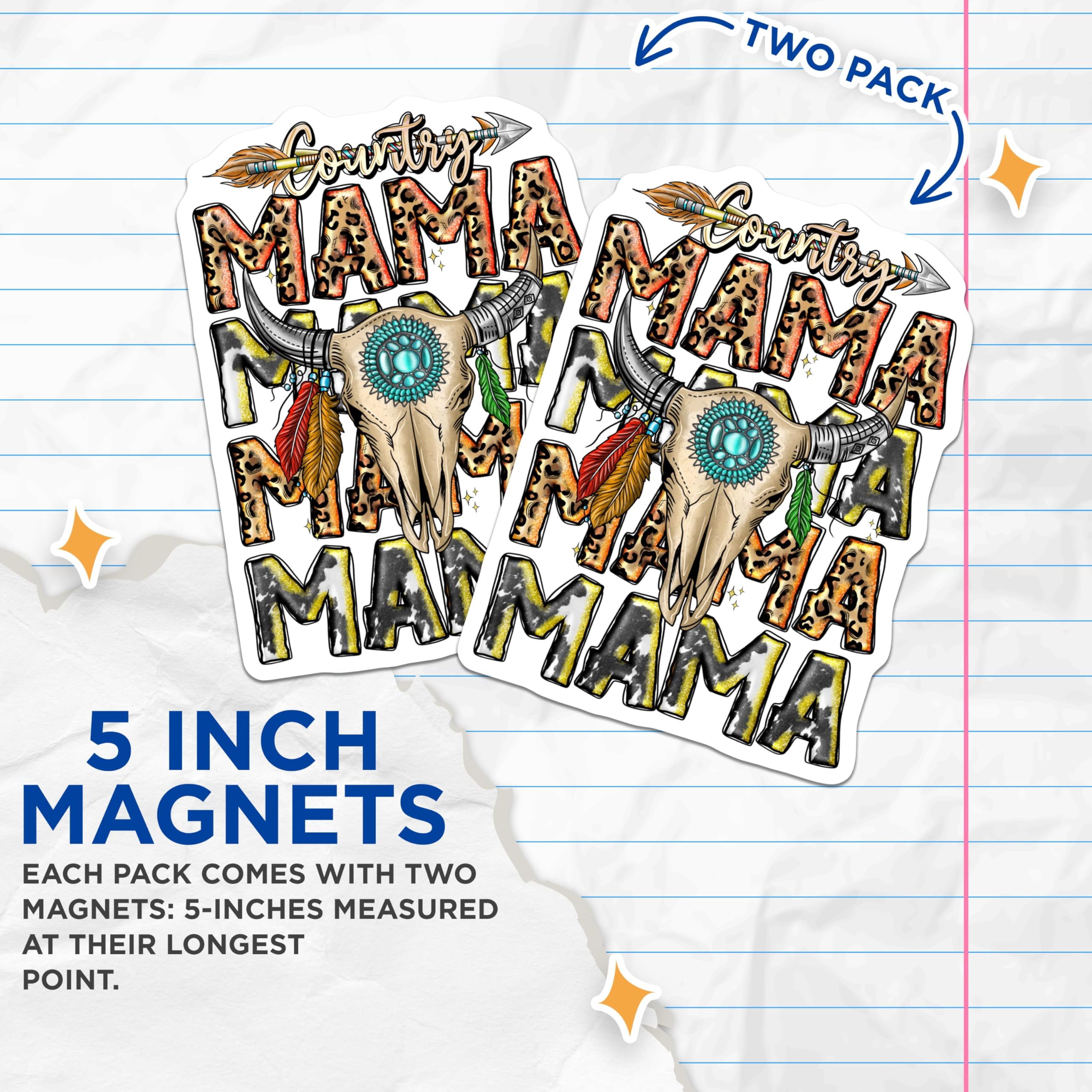 (2 Pack) Country Mama Magnets - Western Bull Skull Decor - Leopard Cow Print Accents - 5 Inches On Longest Side - Thick Durable Magnet - Made in USA - MAG24859